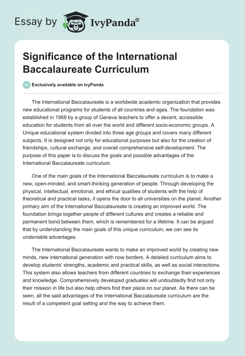 Significance of the International Baccalaureate Curriculum. Page 1