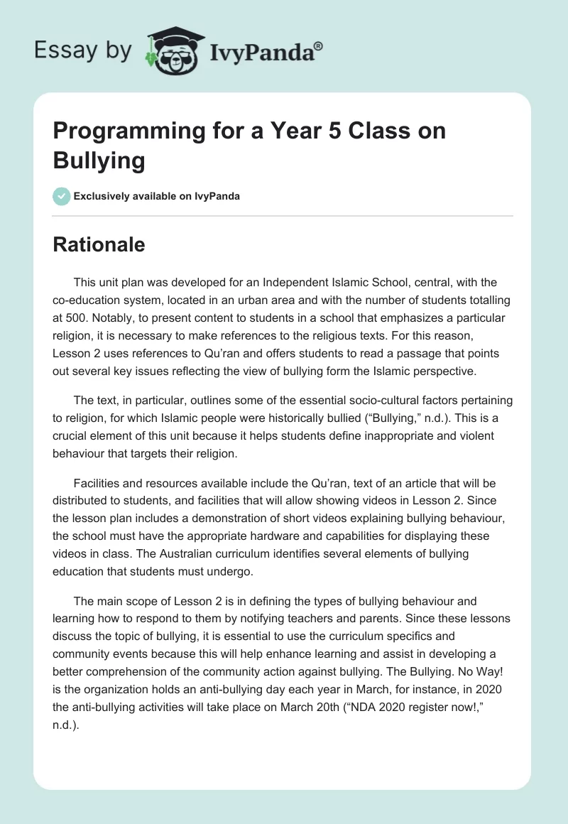 Programming for a Year 5 Class on Bullying. Page 1