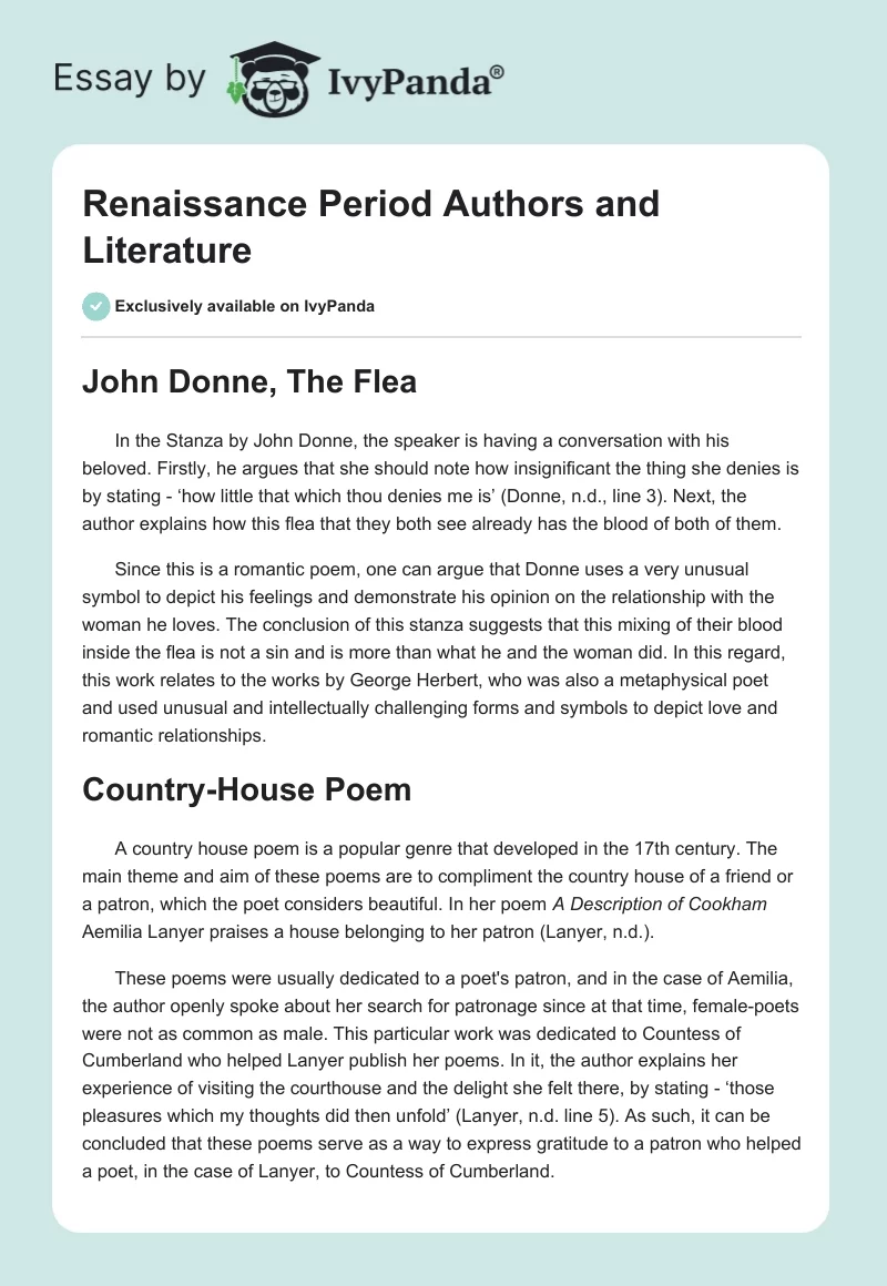 Renaissance Period Authors and Literature. Page 1