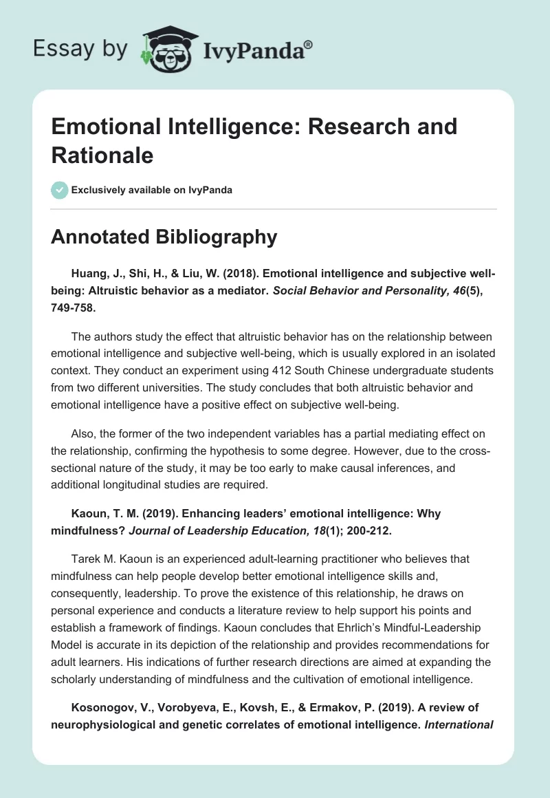 Emotional Intelligence: Research and Rationale. Page 1