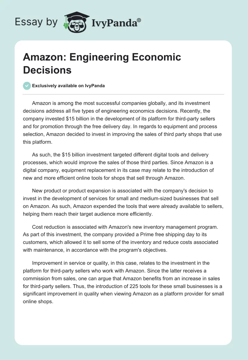 Amazon: Engineering Economic Decisions. Page 1