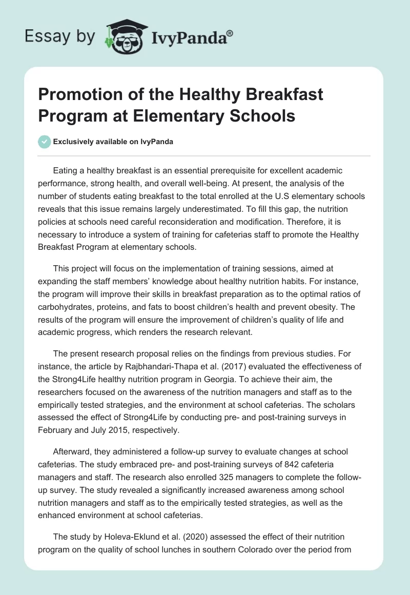 Promotion of the Healthy Breakfast Program at Elementary Schools. Page 1