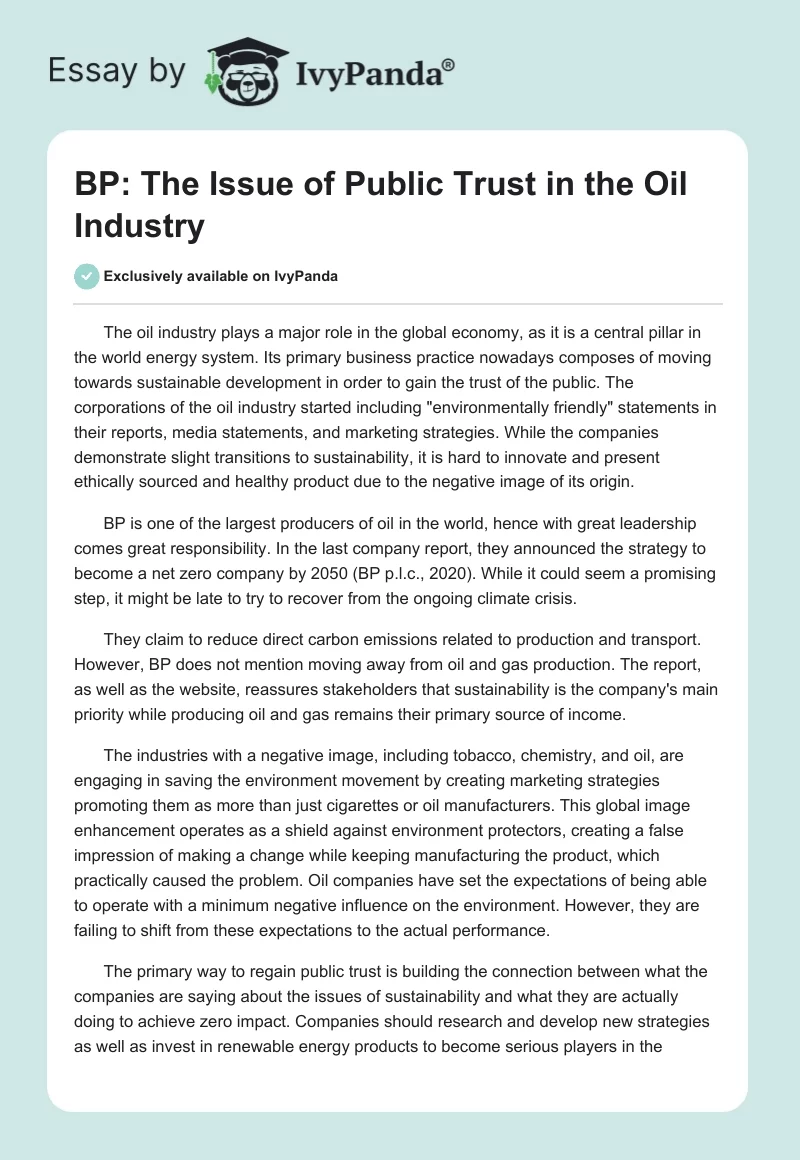 BP: The Issue of Public Trust in the Oil Industry. Page 1