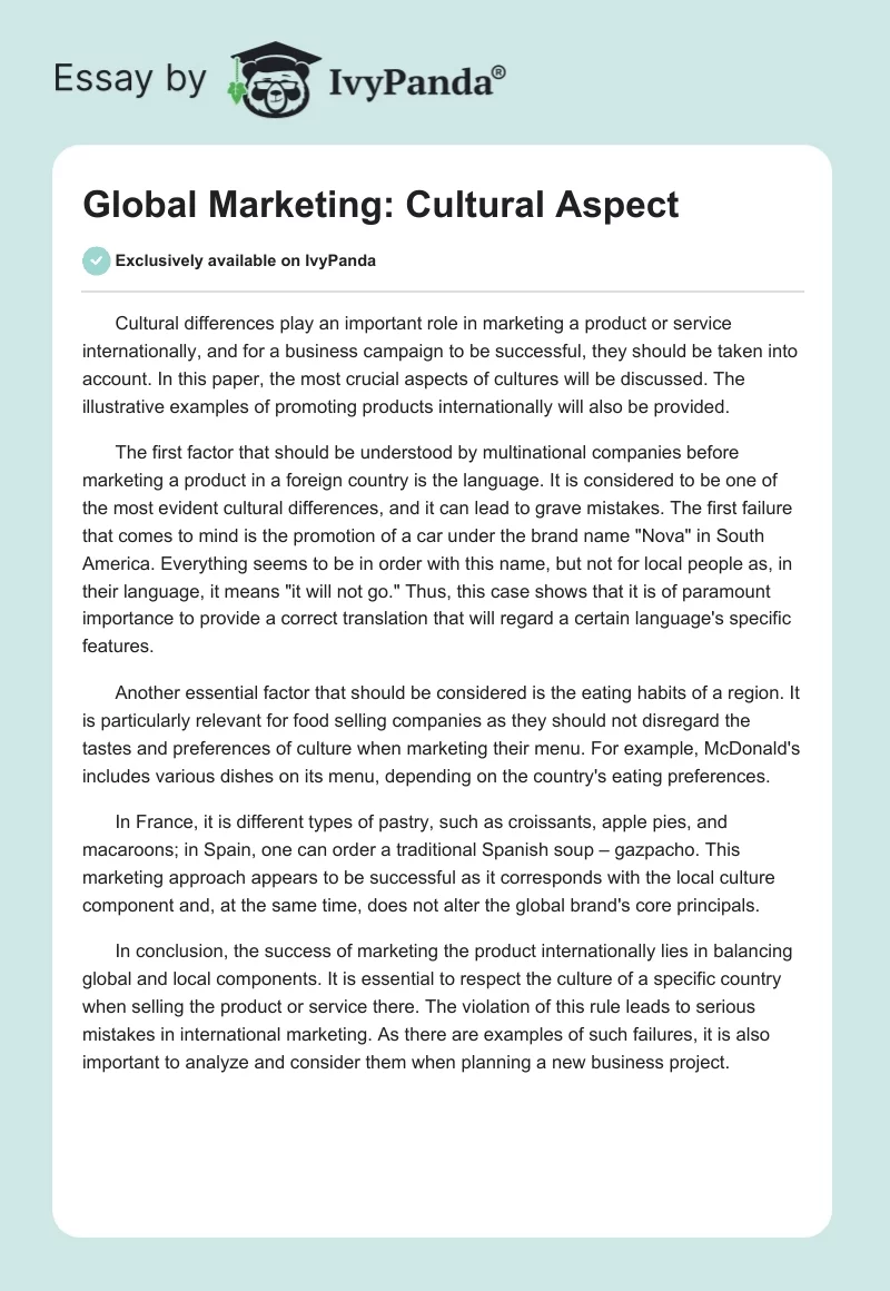 Global Marketing: Cultural Aspect. Page 1
