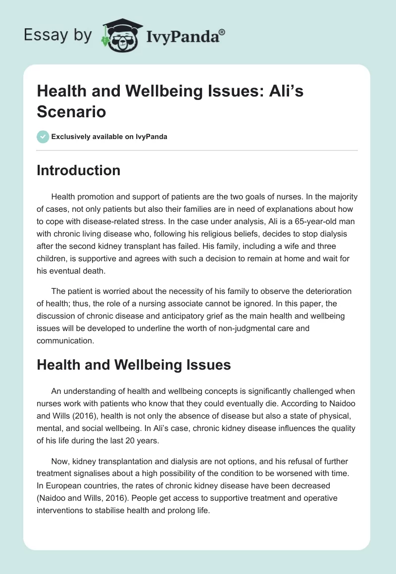 Health and Wellbeing Issues: Ali’s Scenario. Page 1