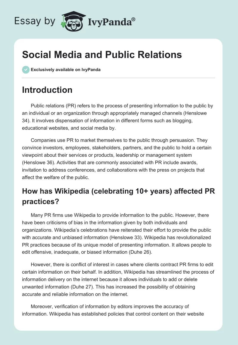 Social Media and Public Relations. Page 1