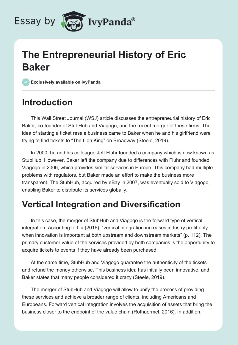 The Entrepreneurial History of Eric Baker. Page 1