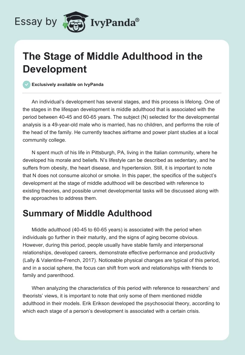 The Stage of Middle Adulthood in the Development. Page 1