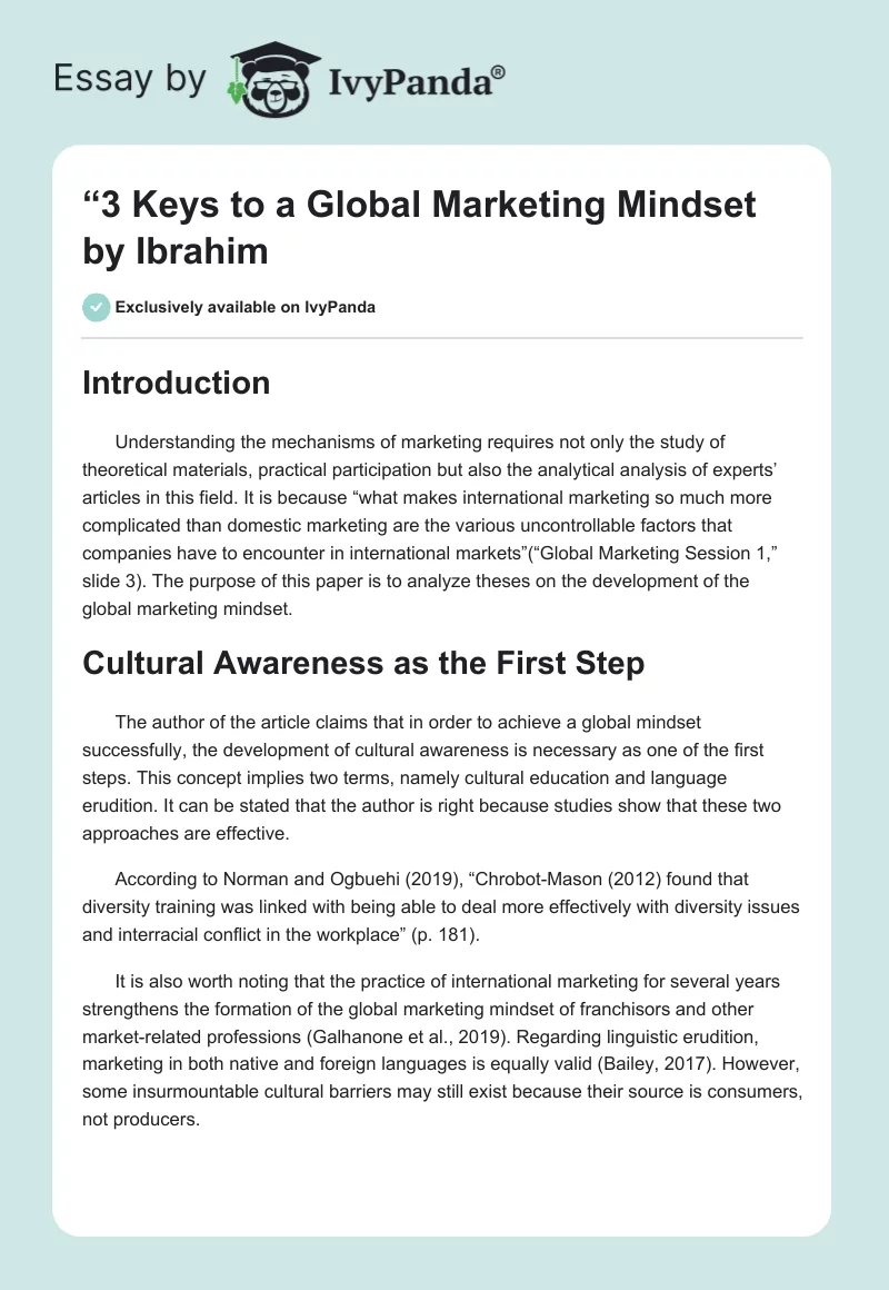 “3 Keys to a Global Marketing Mindset" by Ibrahim. Page 1