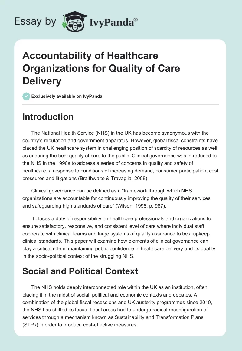 Accountability of Healthcare Organizations for Quality of Care Delivery. Page 1
