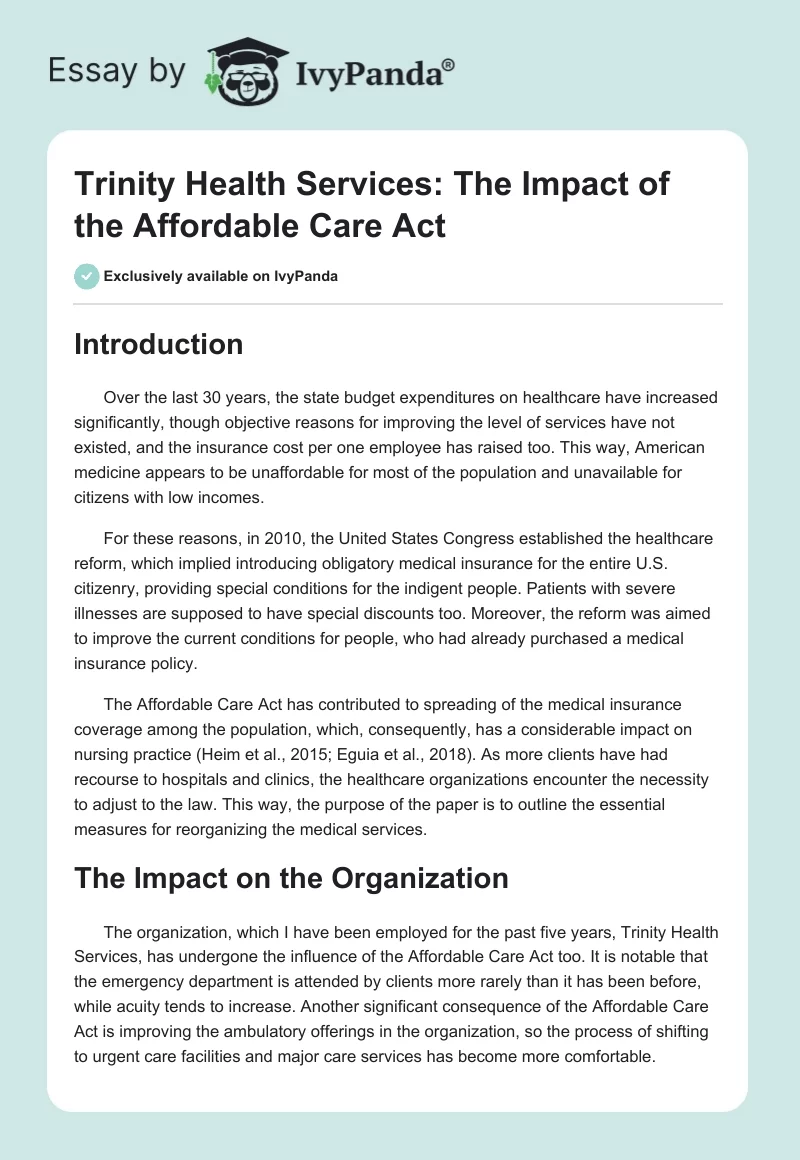 Trinity Health Services: The Impact of the Affordable Care Act. Page 1