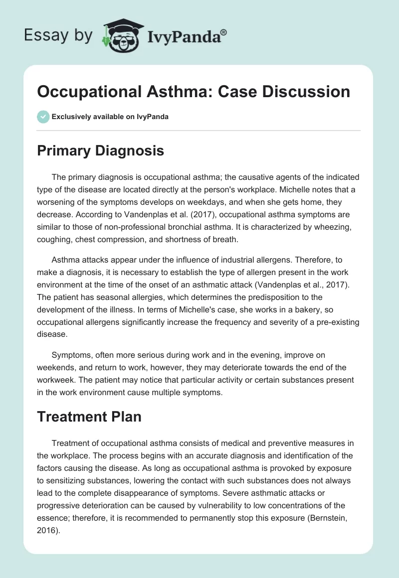 Occupational Asthma: Case Discussion. Page 1