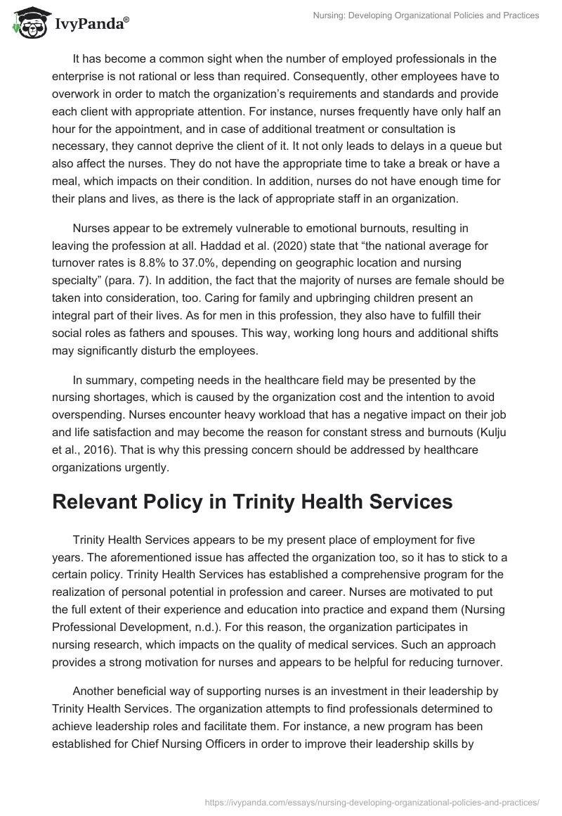 Nursing: Developing Organizational Policies and Practices. Page 2