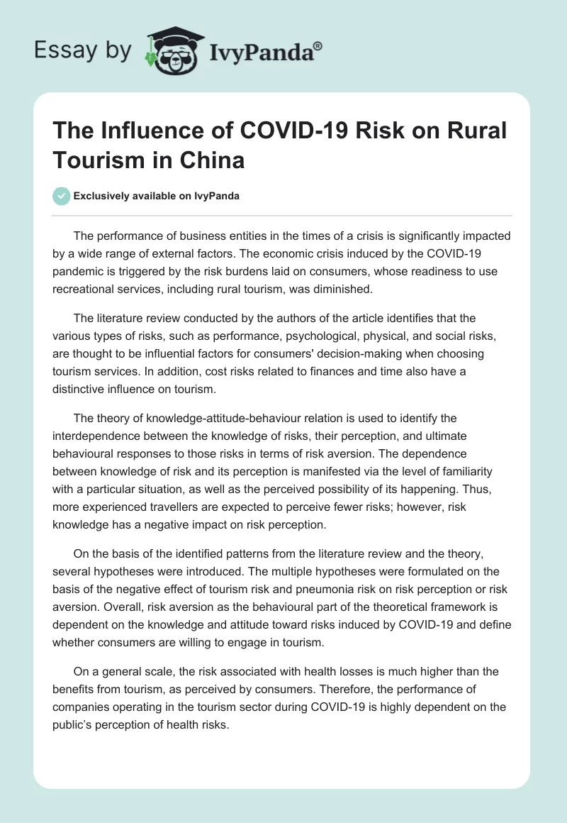 The Influence of COVID-19 Risk on Rural Tourism in China. Page 1