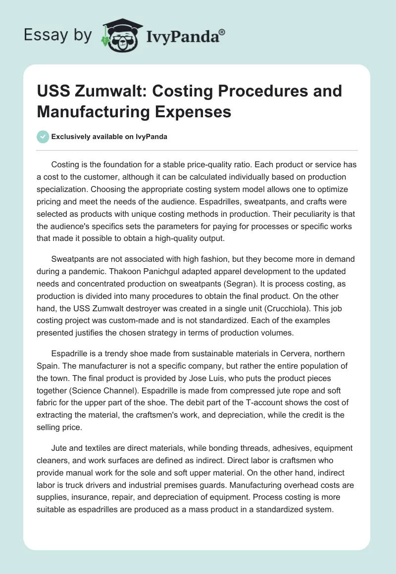 USS Zumwalt: Costing Procedures and Manufacturing Expenses. Page 1