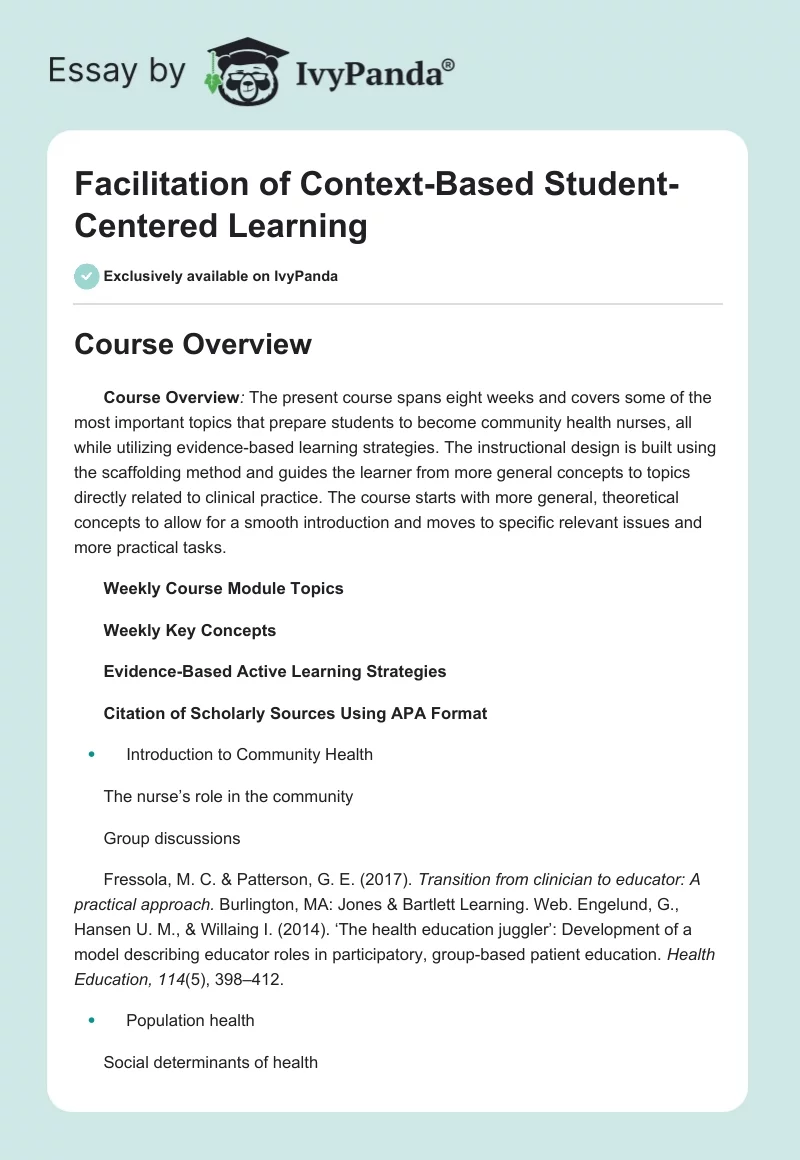 Facilitation of Context-Based Student-Centered Learning. Page 1