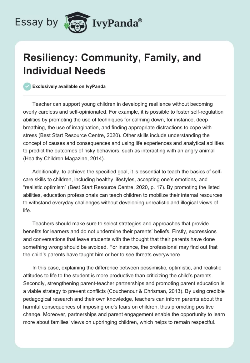 Resiliency: Community, Family, and Individual Needs. Page 1