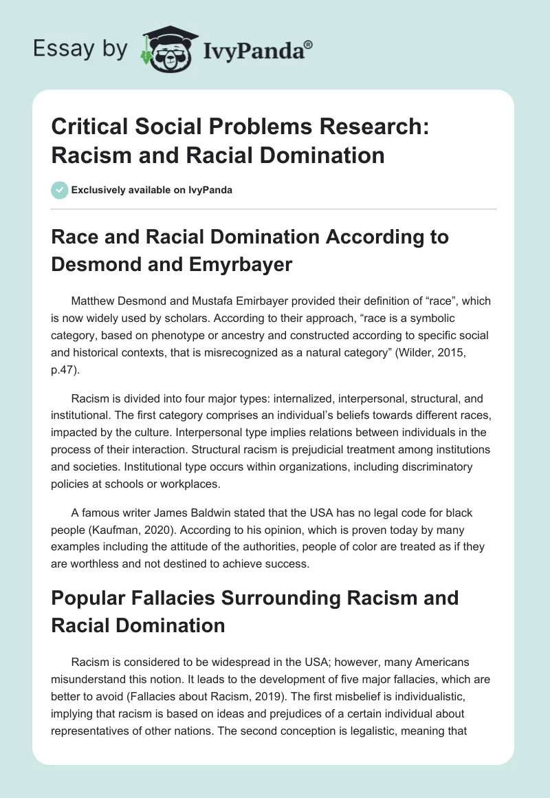 Critical Social Problems Research: Racism and Racial Domination. Page 1