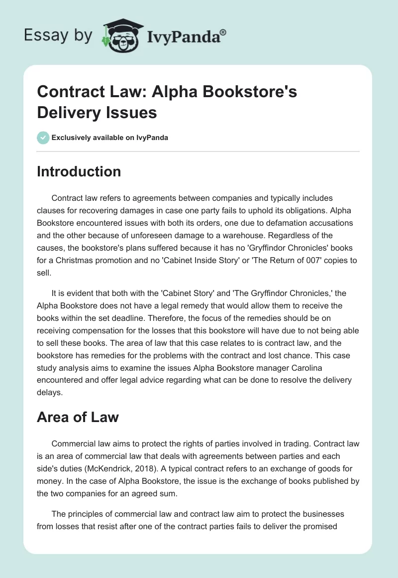 Contract Law: Alpha Bookstore's Delivery Issues. Page 1