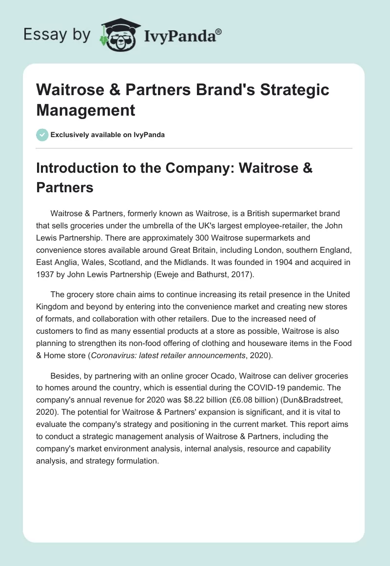Waitrose & Partners Brand's Strategic Management. Page 1