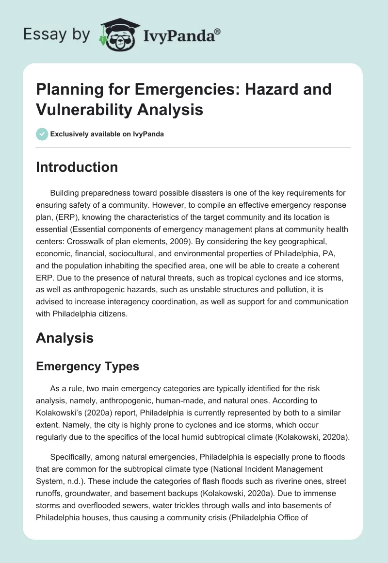 Planning for Emergencies: Hazard and Vulnerability Analysis. Page 1