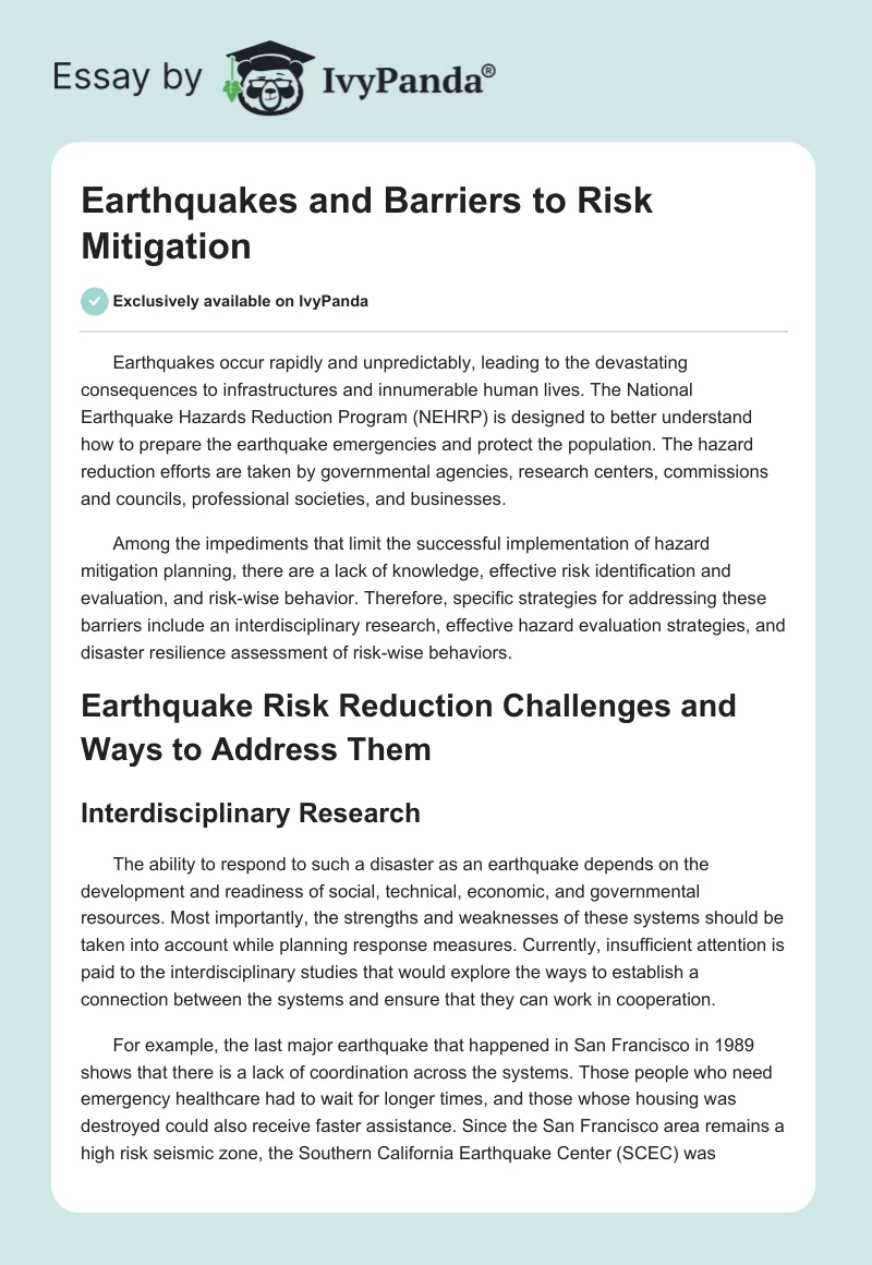 Earthquakes and Barriers to Risk Mitigation. Page 1