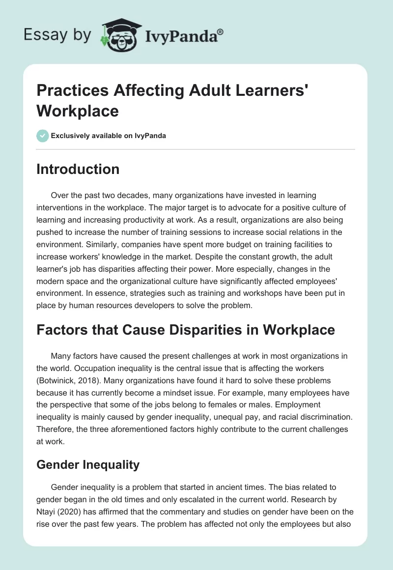 Practices Affecting Adult Learners' Workplace. Page 1