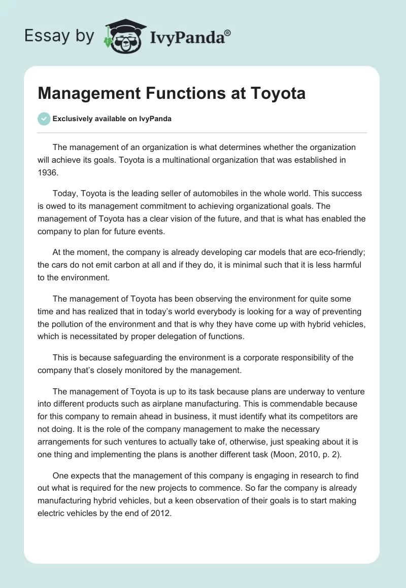 Management Functions at Toyota. Page 1