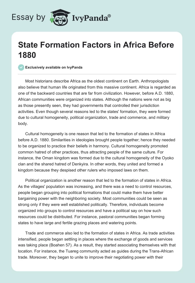 State Formation Factors in Africa Before 1880. Page 1