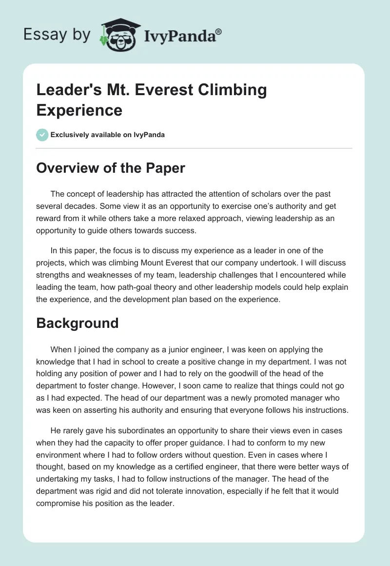 Leader's Mt. Everest Climbing Experience. Page 1