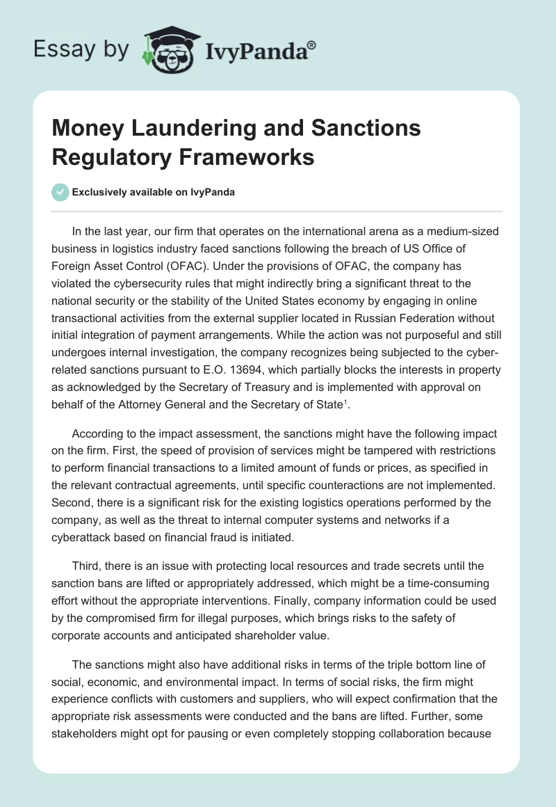 Money Laundering and Sanctions Regulatory Frameworks. Page 1