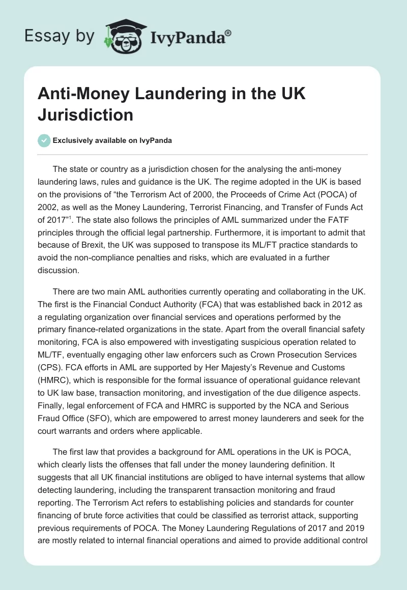 Anti-Money Laundering in the UK Jurisdiction. Page 1