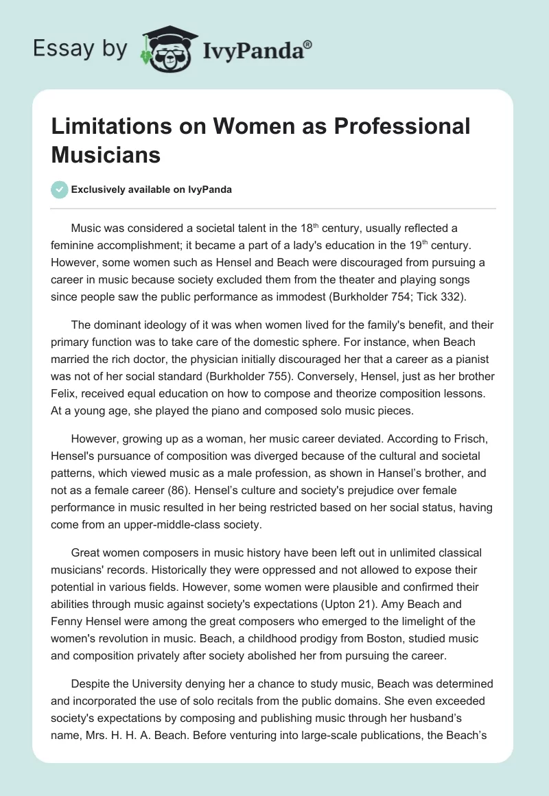 Limitations on Women as Professional Musicians. Page 1