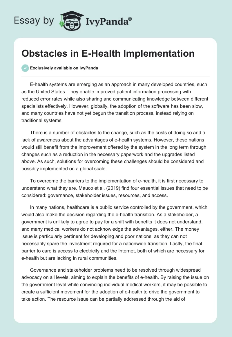 Obstacles in E-Health Implementation. Page 1