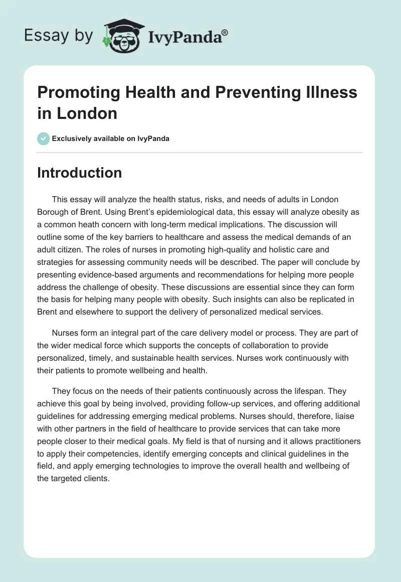 Promoting Health and Preventing Illness in London. Page 1