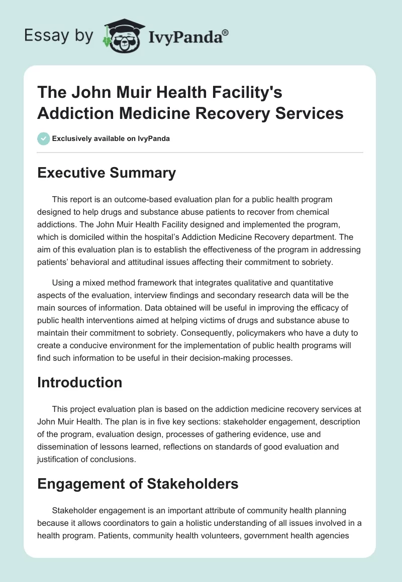 The John Muir Health Facility's Addiction Medicine Recovery Services. Page 1