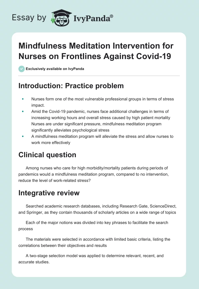 Mindfulness Meditation Intervention for Nurses on Frontlines Against Covid-19. Page 1