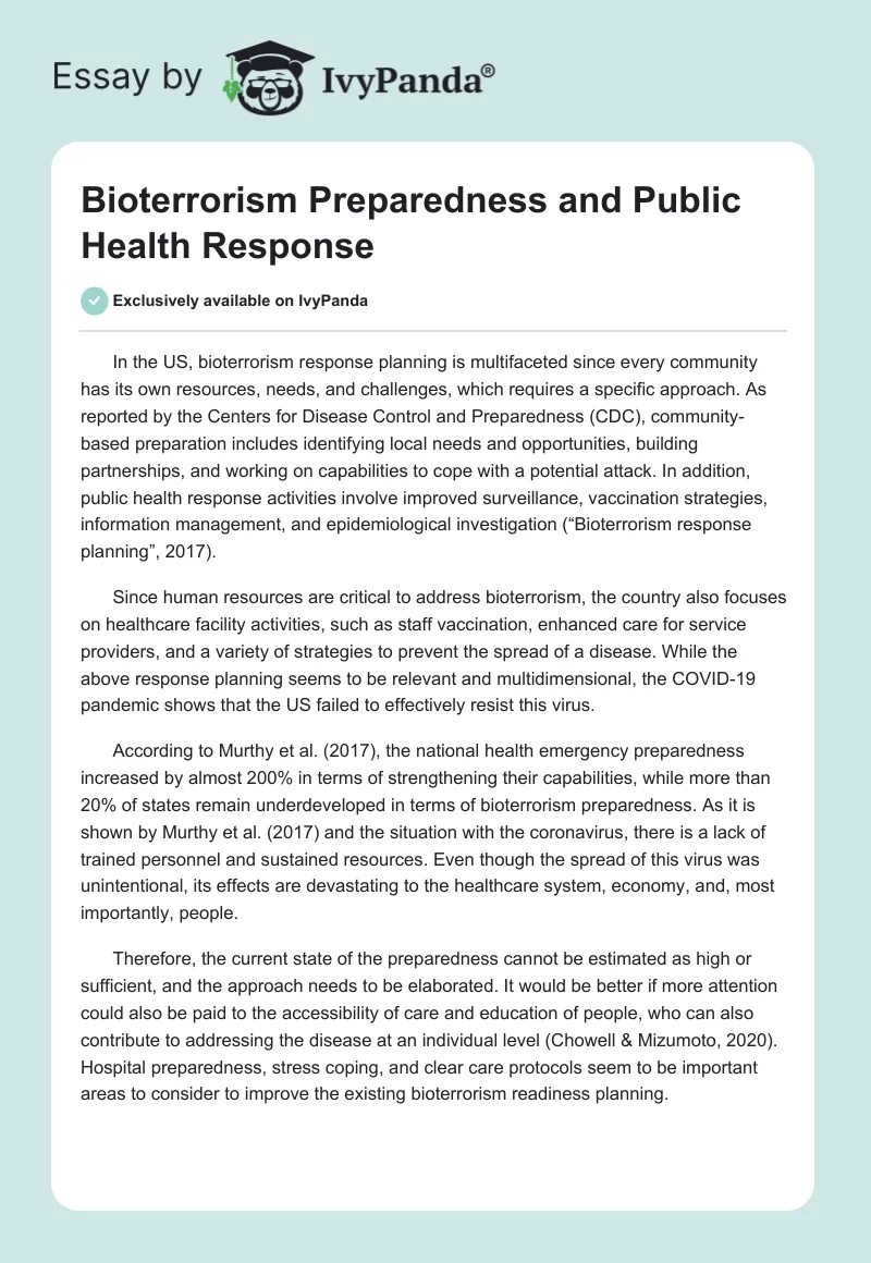 Bioterrorism Preparedness and Public Health Response. Page 1