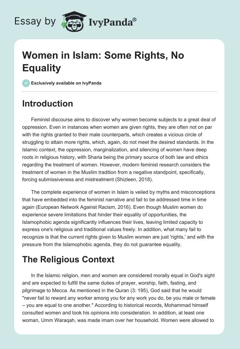 Women in Islam: Some Rights, No Equality. Page 1