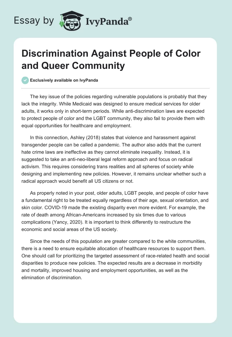 Discrimination Against People of Color and Queer Community. Page 1
