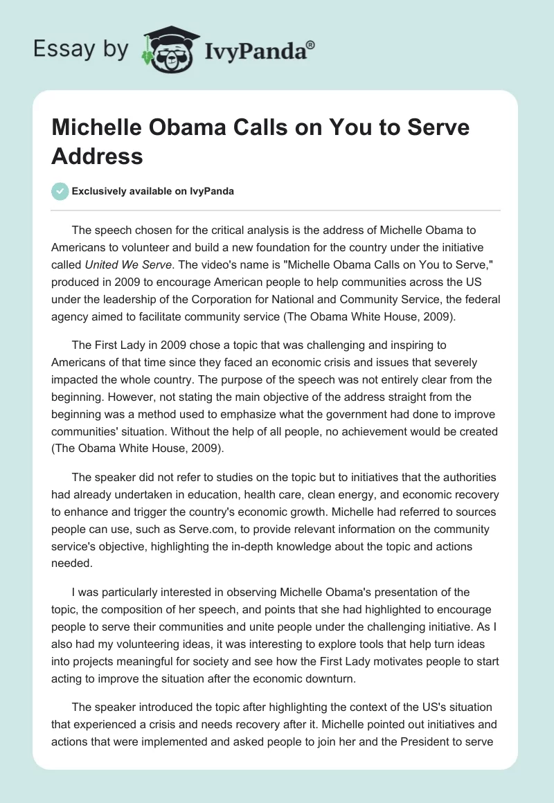 "Michelle Obama Calls on You to Serve" Address. Page 1
