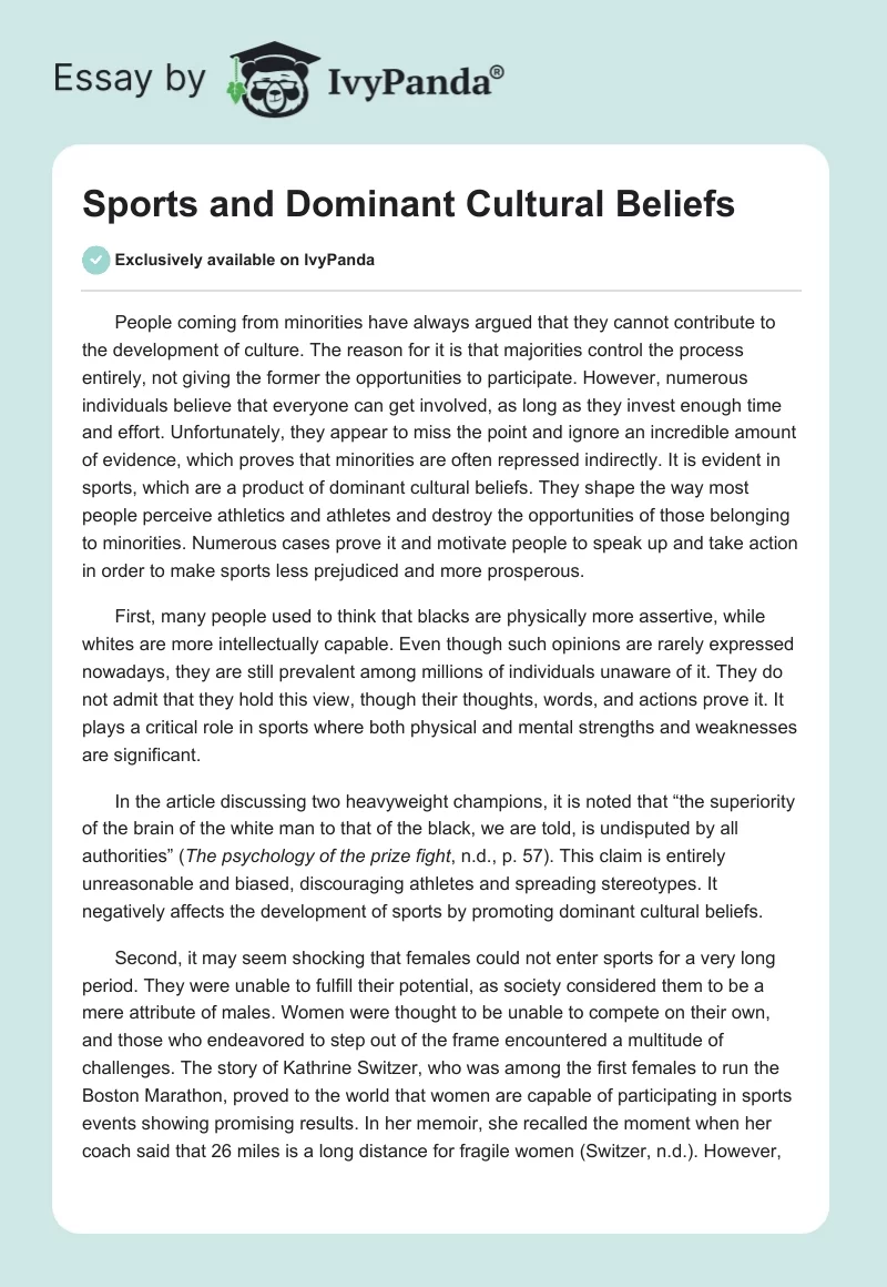 Sports and Dominant Cultural Beliefs. Page 1