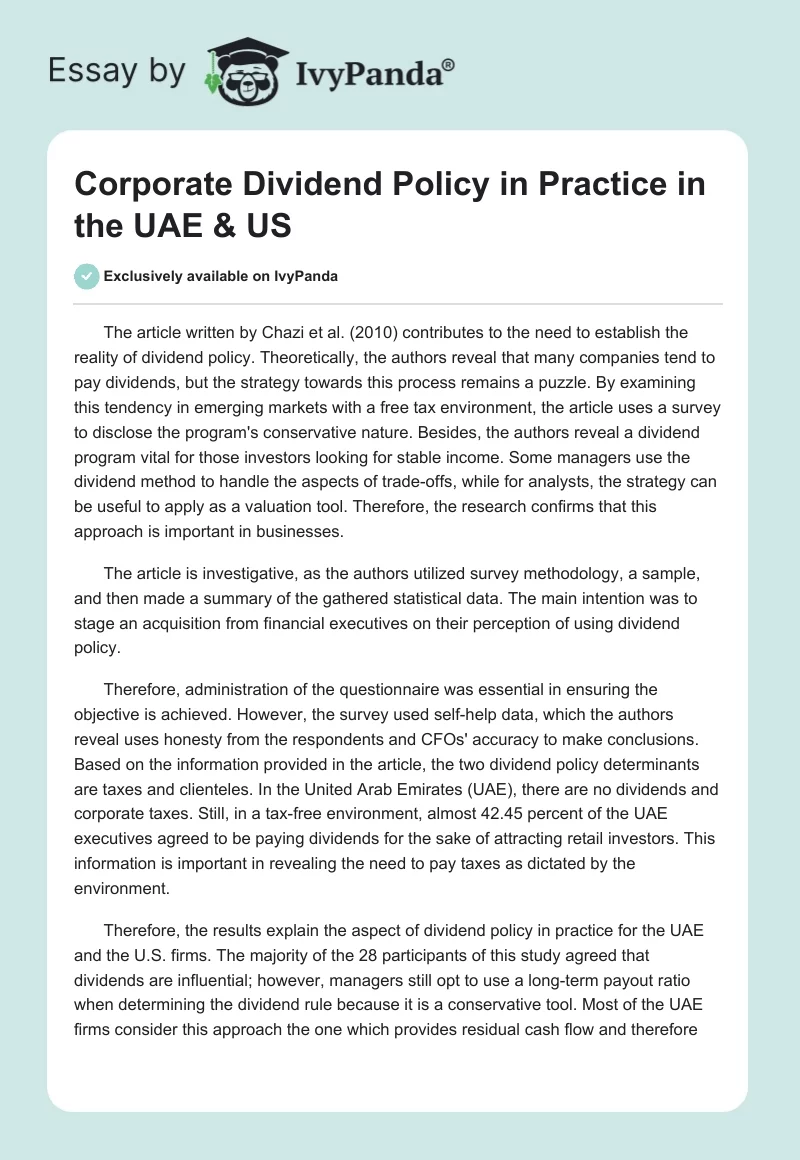 Corporate Dividend Policy in Practice in the UAE & US. Page 1