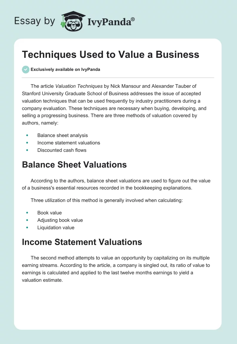 Techniques Used to Value a Business. Page 1