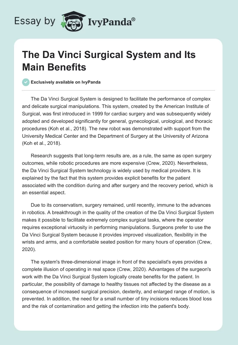 The Da Vinci Surgical System and Its Main Benefits. Page 1