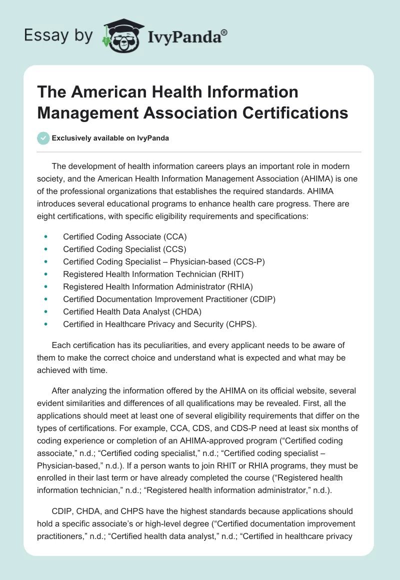 The American Health Information Management Association Certifications. Page 1