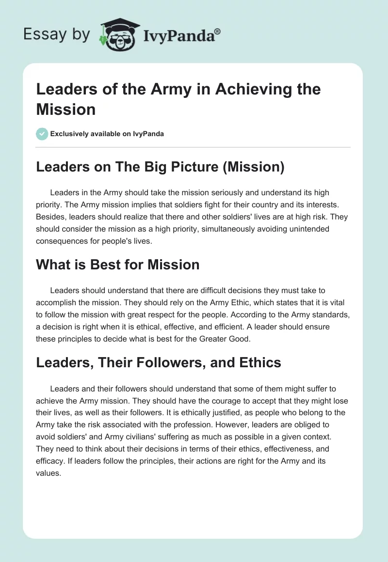 Leaders of the Army in Achieving the Mission. Page 1