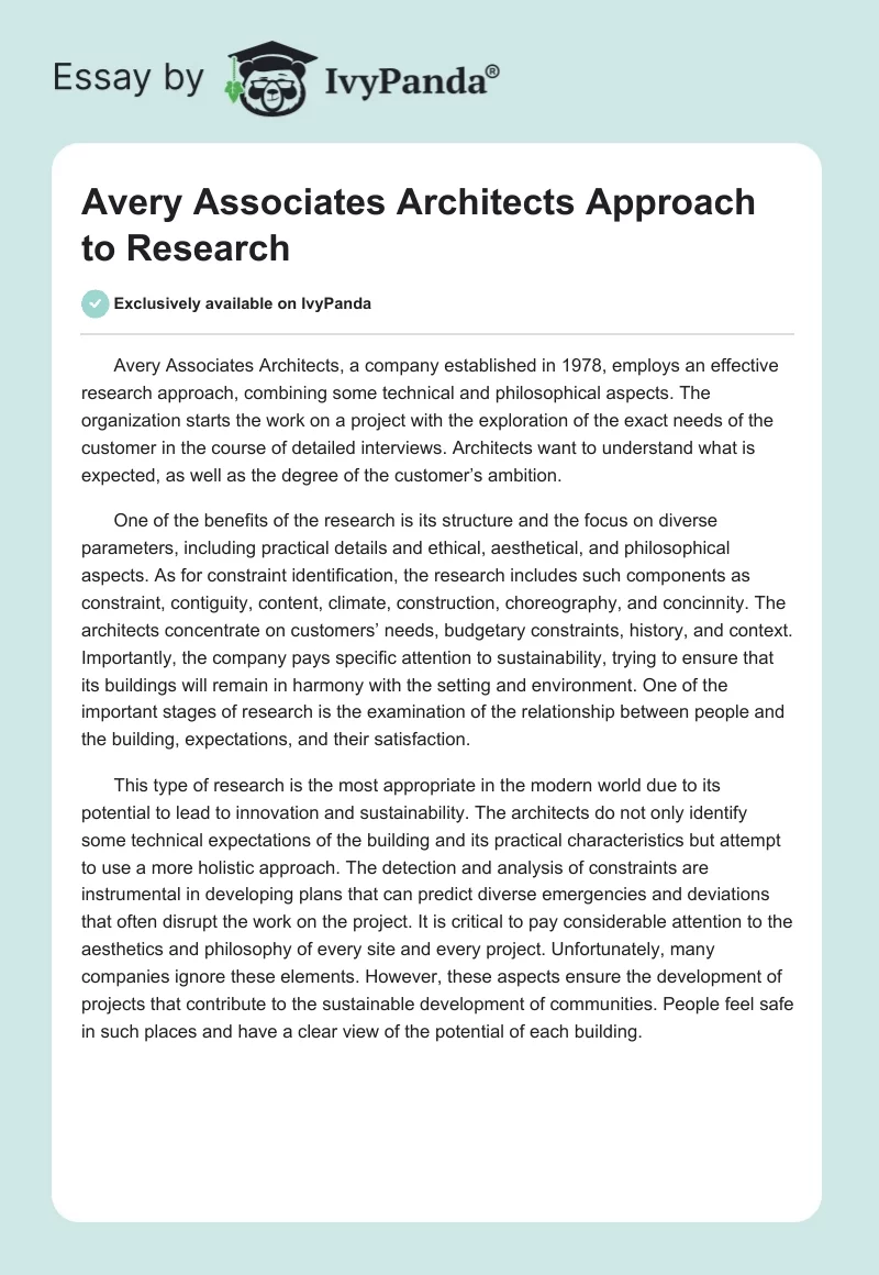 Avery Associates Architects Approach to Research. Page 1