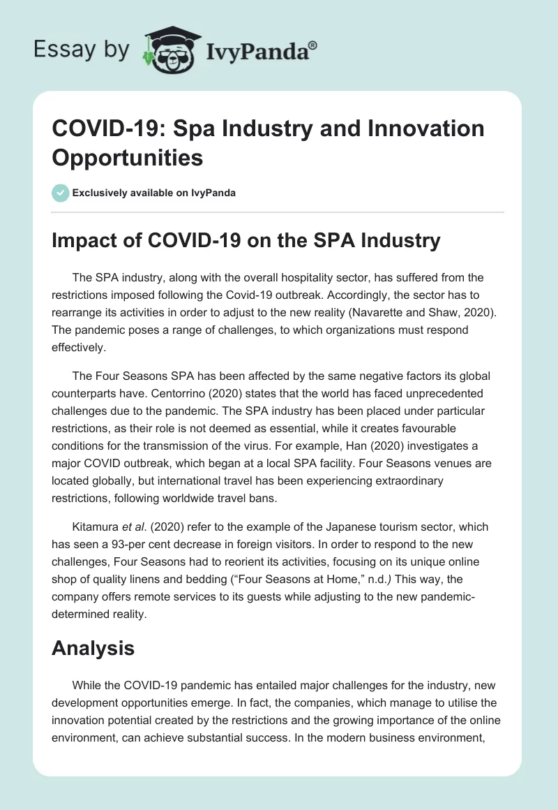 COVID-19: Spa Industry and Innovation Opportunities. Page 1
