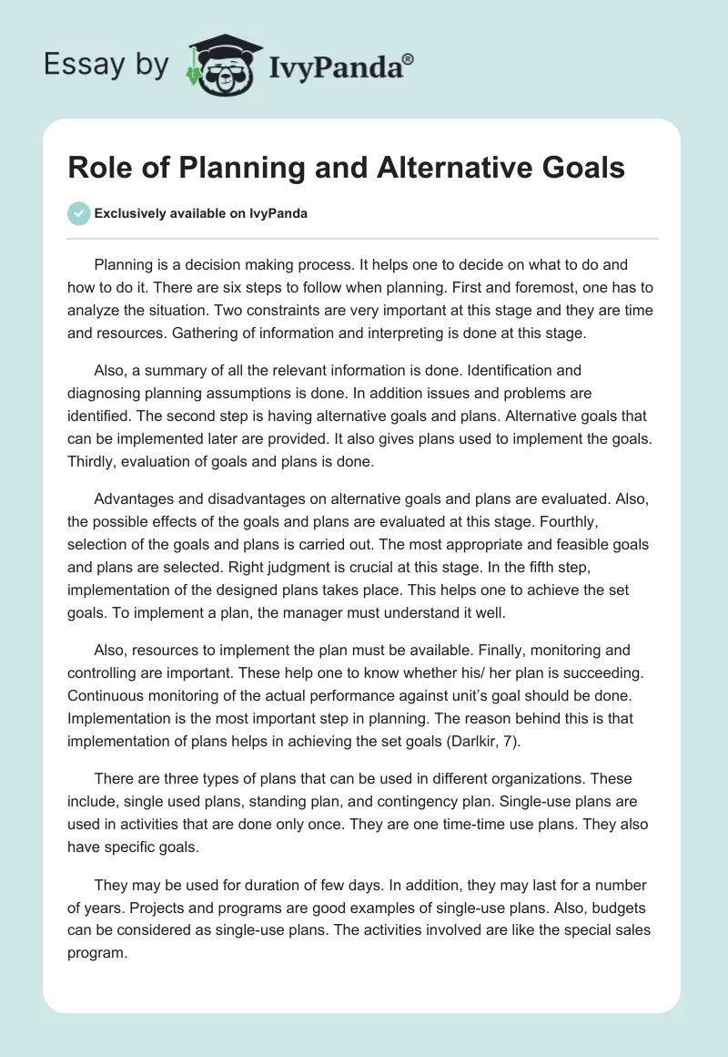 Role of Planning and Alternative Goals. Page 1